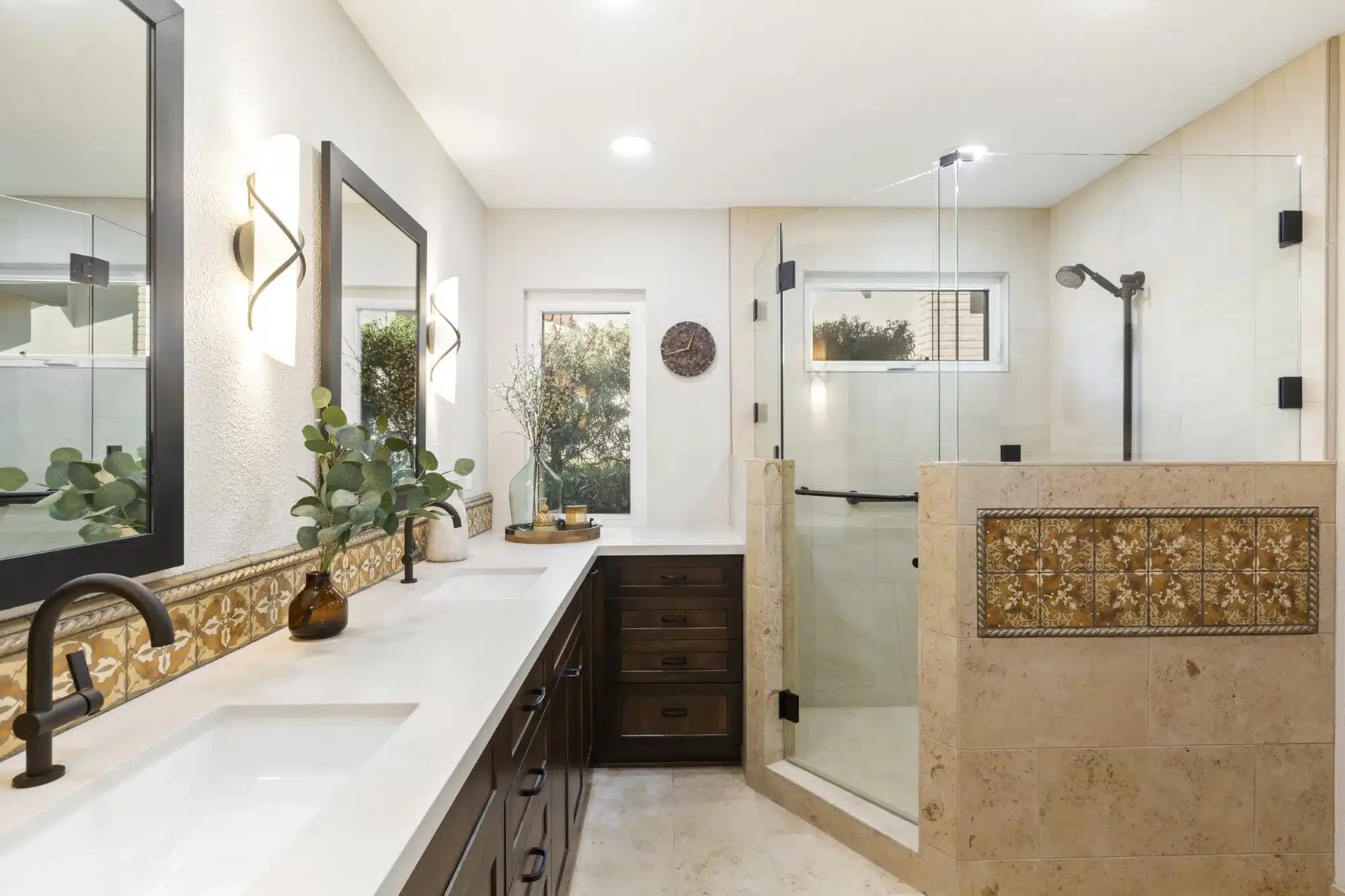 Custom bathroom remodel in San Diego with tile walk-in shower and dark wood double vanity.