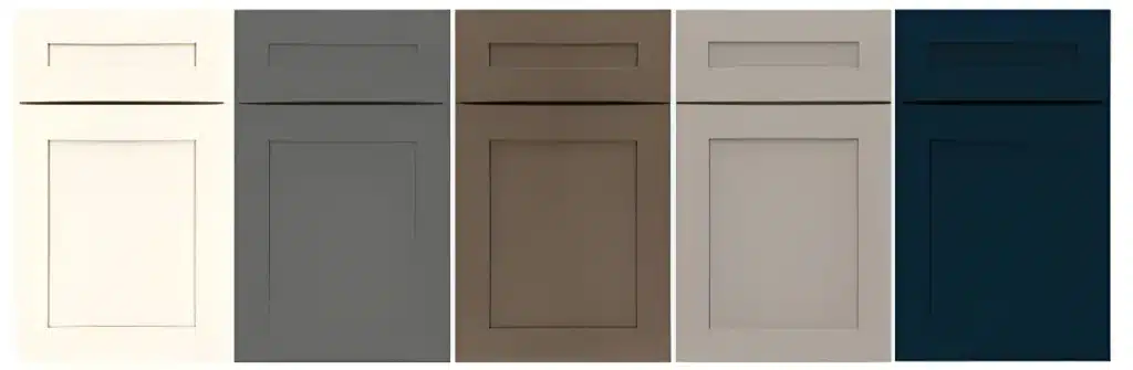 Five Mantra cabinet door samples in Omni doorstyle featuring finishes: Snow, Graphite, Beachwood, Mineral, and Admiral.