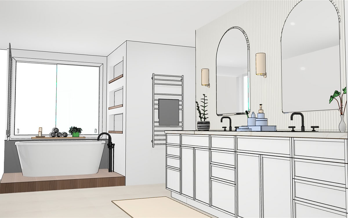 3D bathroom rendering with white vanity, dual mirrors, and soaking tub
