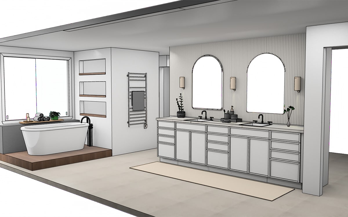 3D rendering of a bathroom remodel with dual sinks and freestanding tub
