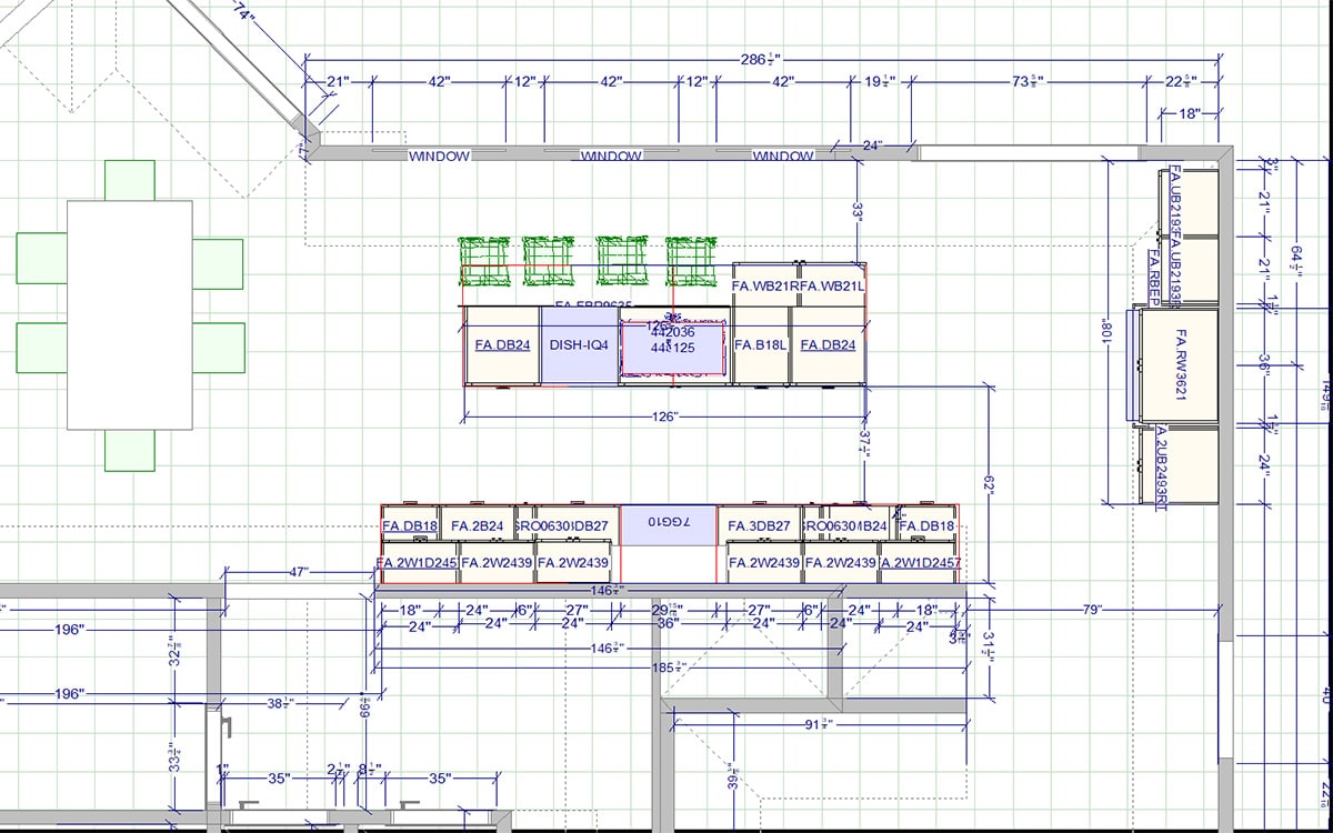 2D architectural floor plan with kitchen island and dining layout