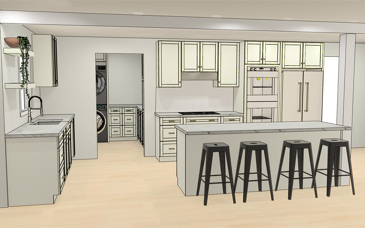3D rendering of open concept kitchen design with island seating