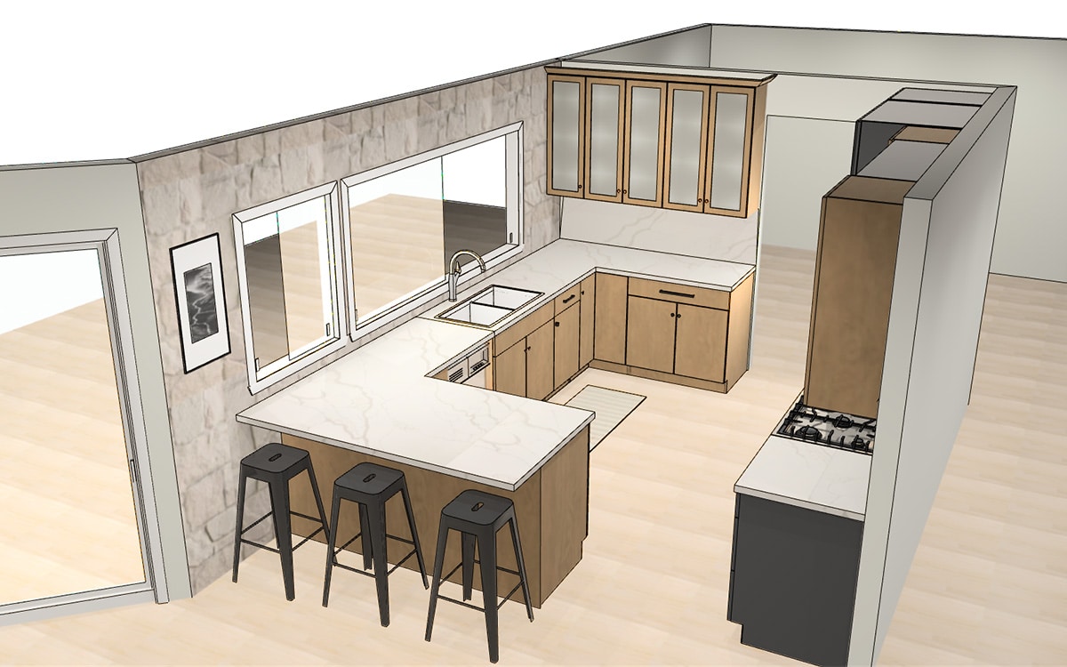 3D rendering of kitchen remodel with marble counters and white cabinetry