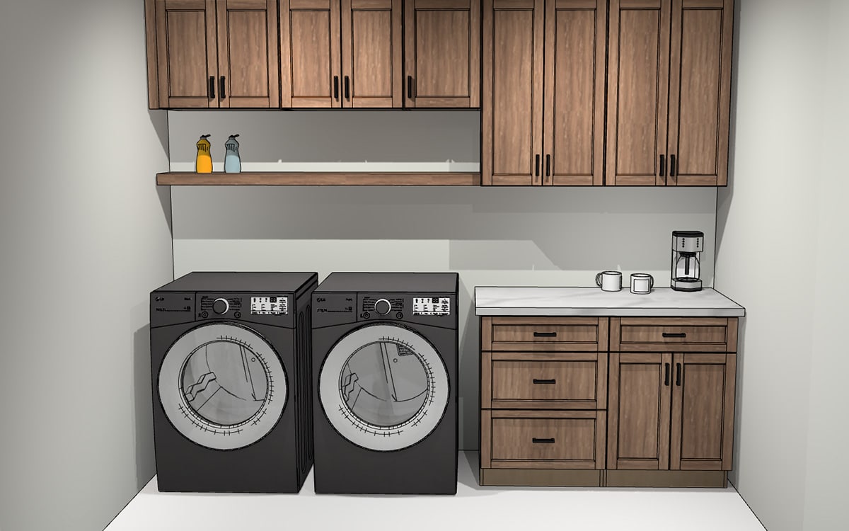 3D rendering of laundry room design with washer, dryer, and upper cabinetry