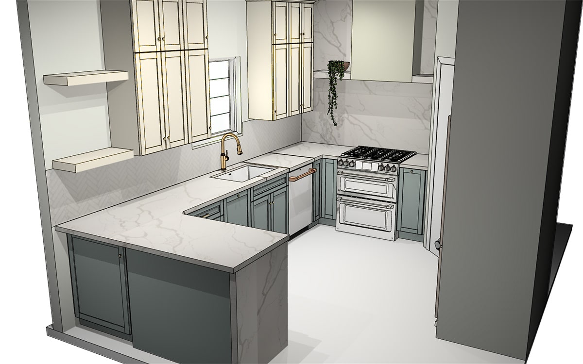 3D rendering of a modern kitchen design with U-shaped layout and bar seating